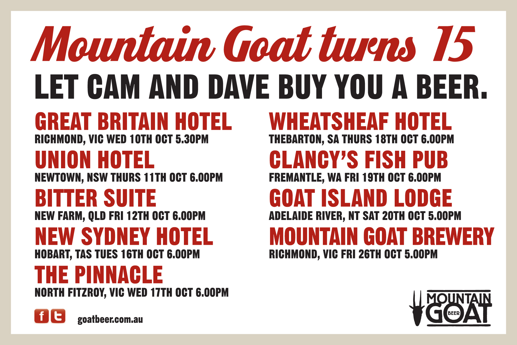 Event poster for Mountain Goat's 15th birthday
