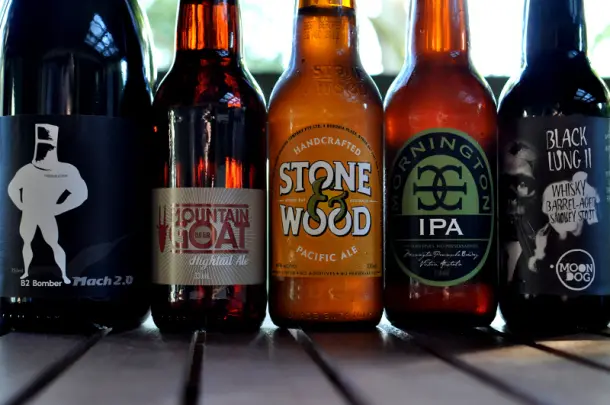 Bottles of B2 Bomber, Hightail Ale, Pacific Ale, Mornington IPA and Moon Dog Black Lung 2