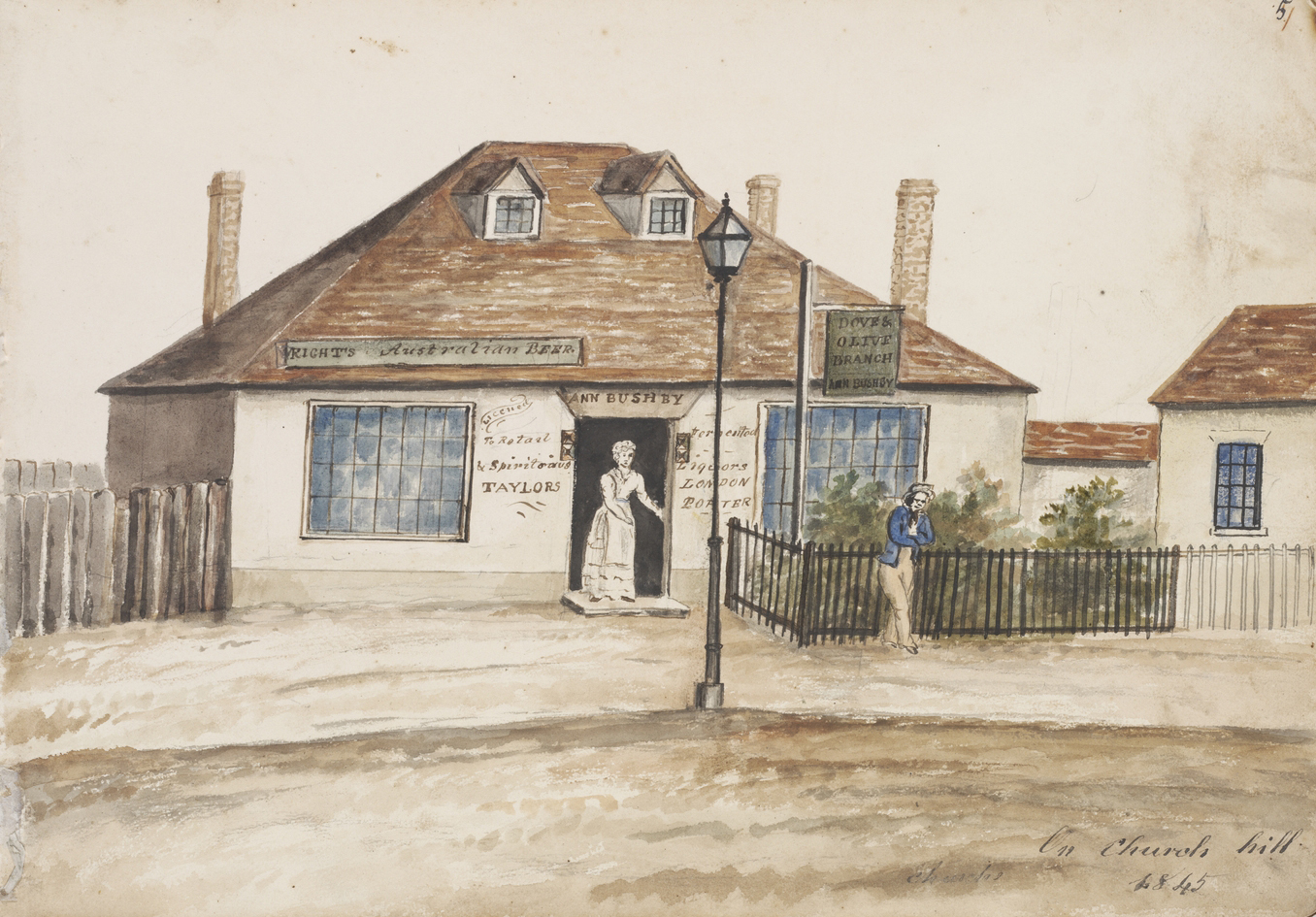 Ann Bushby’s Dove and Olive Branch public house in Sydney, 1845. Mrs Bushby did not brew her own; as her advertising shows, she had on sale Taylor’s London Porter, and local beer from Wright’s Australian Brewery in George Street.