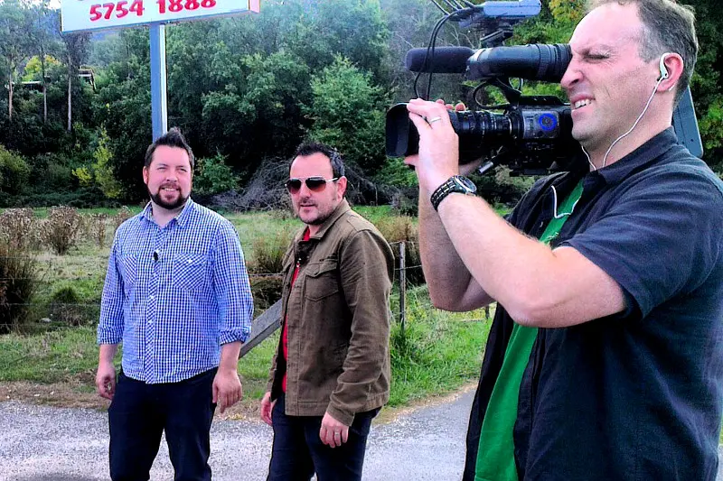 Dan Hanna, Mark Iscaro and Mark Ramet film an episode of Craft Beer Crusaders.