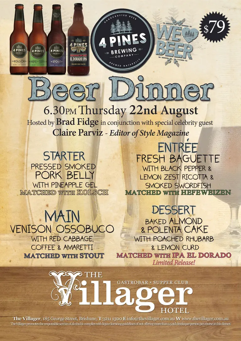 Flyer for 4 Pines Beer Dinner at The Villager, 22 August 2013