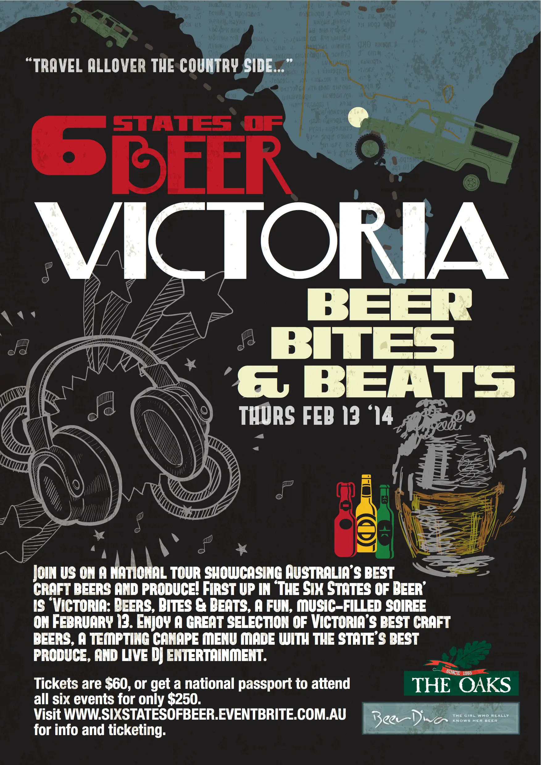 Event poster for The Oaks Hotel 6 States of Beer events