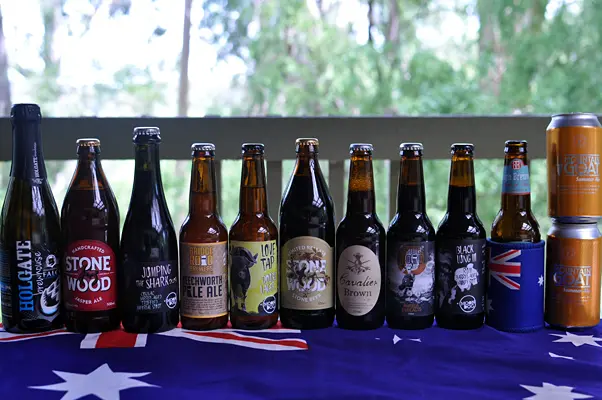 A line up of Australian craft beers on an Australian flag