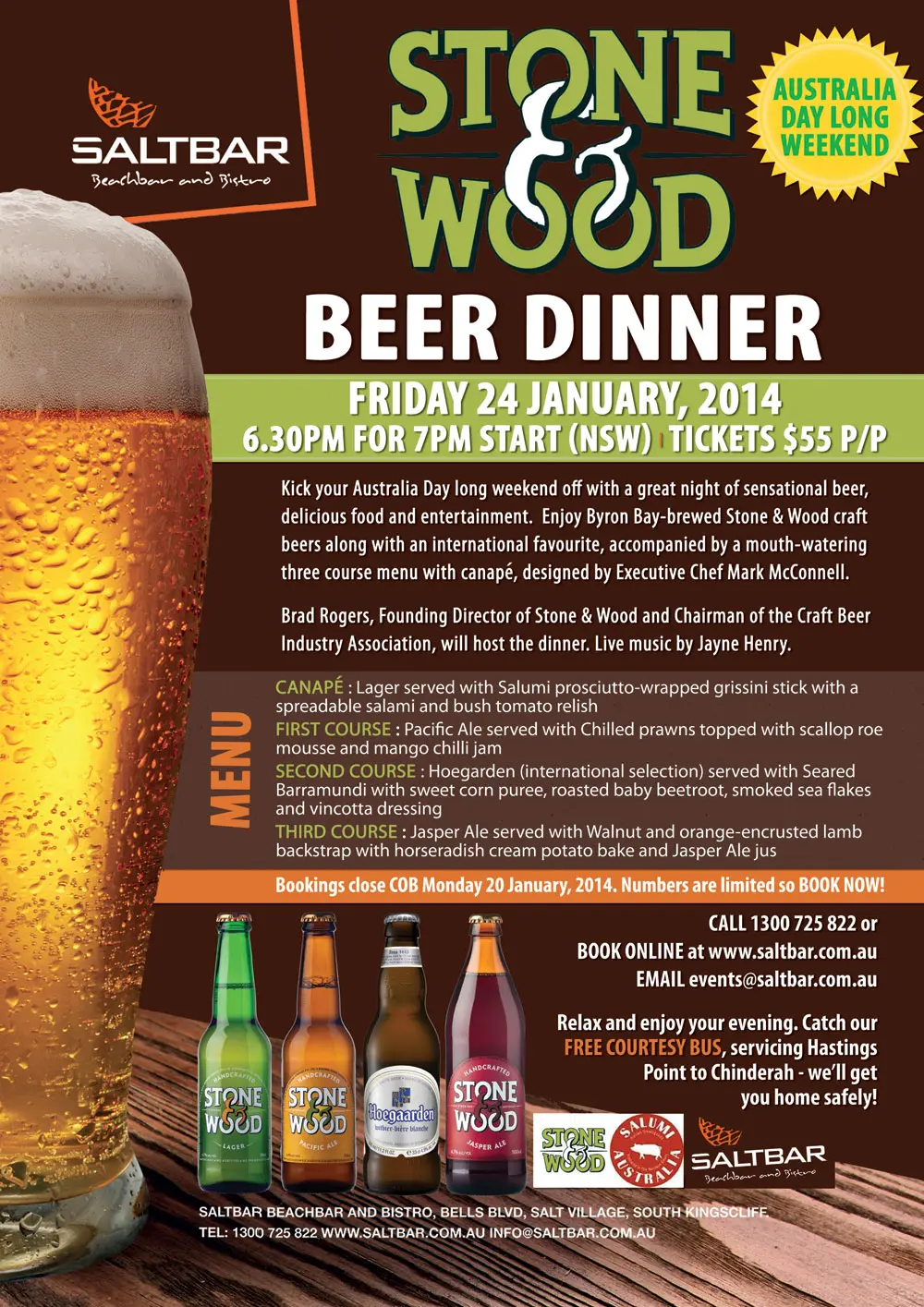 Event post for Stone & Wood beer dinner at Salt Bar on Jan 24