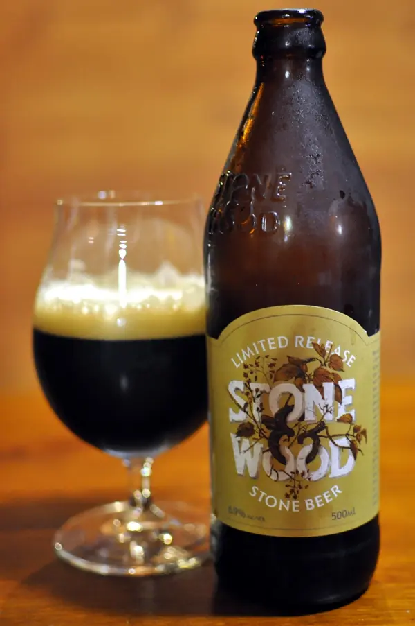 A glass and bottle of the 2014 Stone & Wood Stone Beer