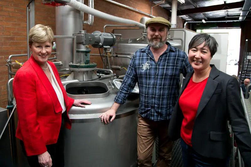 Senator Milne with Young Henry’s head brewer Richard Adamson and Greens candidate Jenny Leong.