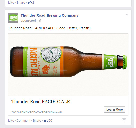 Thunder Road Brewing Company's current Facebook advertisement for its beer.