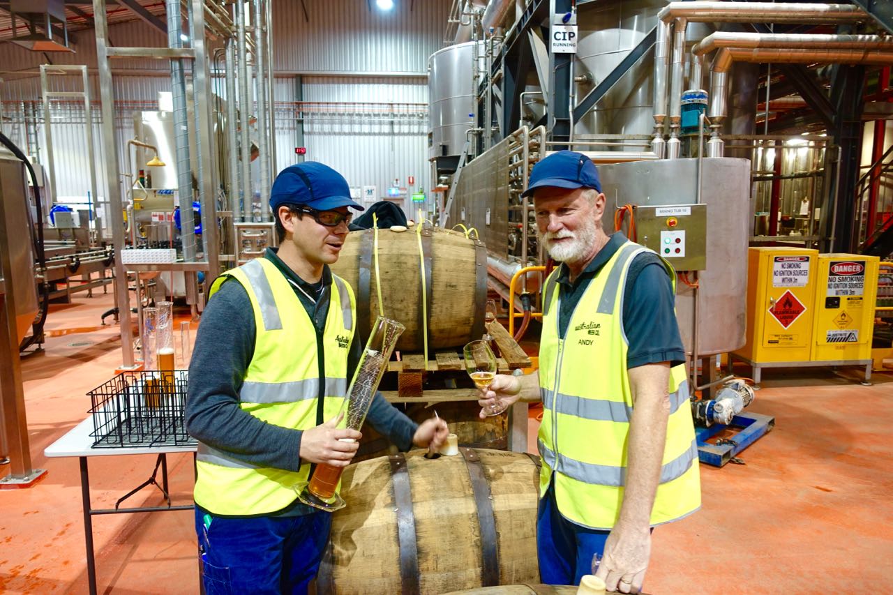 Blending in progress: Australian Beer Company technical brewer Greg Short and head brewer Andy Mitchell