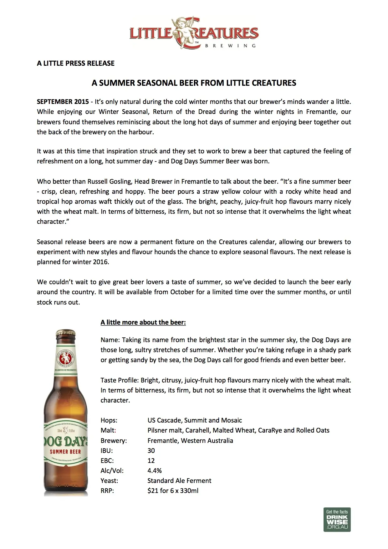 Little Creatures Dog Days Media Release