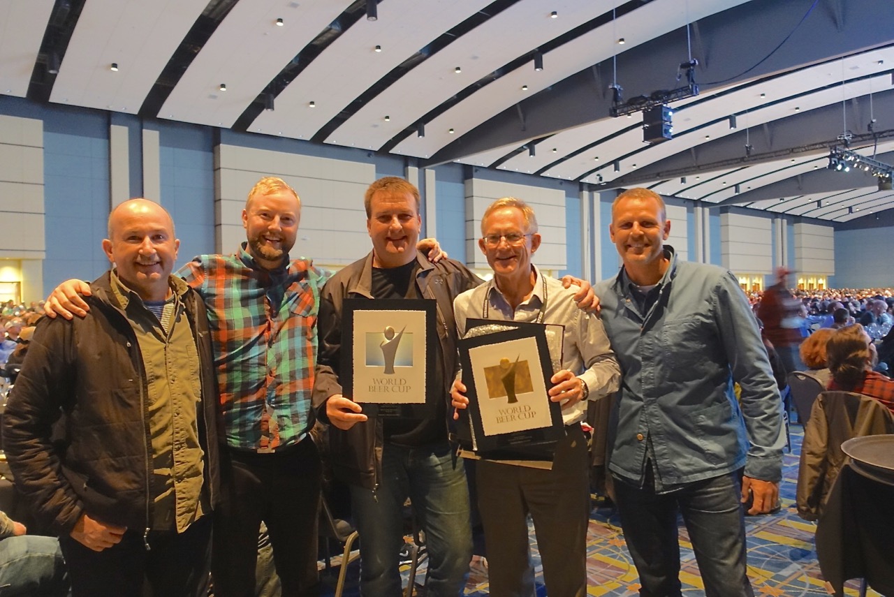 James Squire's Chuck Hahn and the Stone & Wood team show off their gongs