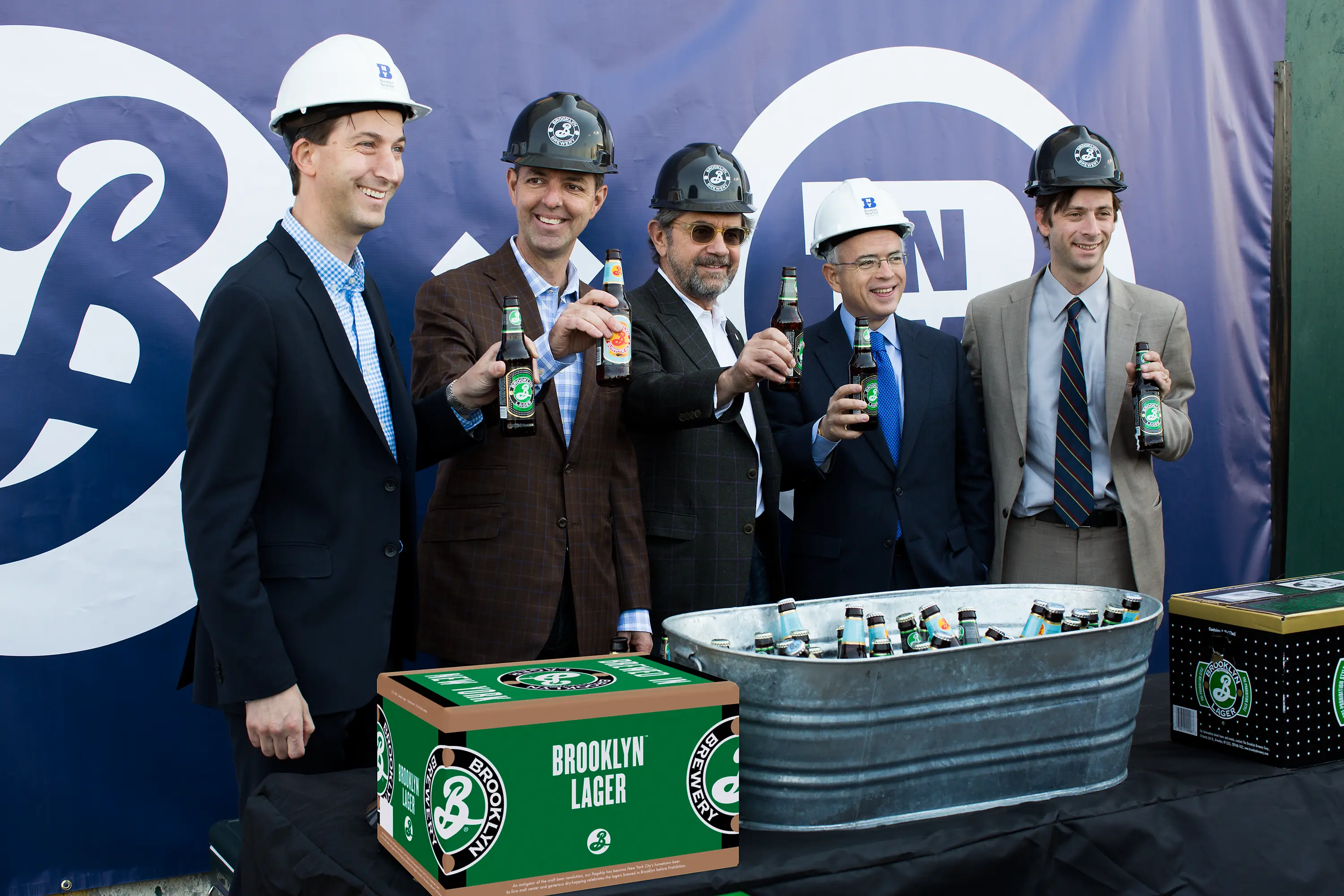 The press conference earlier this year announcing Brooklyn's new brewery. L-R: Brooklyn Navy Yard president and CEO David Ehrenberg, Brooklyn Brewery CEO Eric Ottaway, Brooklyn Brewery founder Steve Hindy, first deputy mayor Anthony Shorris and council member Stephen Levin