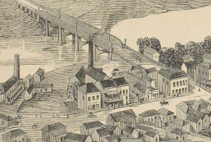 View of part of West Maitland showing the brewery (building with chimney in the centre between street and bridge) as it was when George Melville Milne first occupied it in the late 1870s