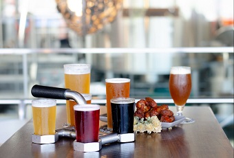 Beers and food on a table