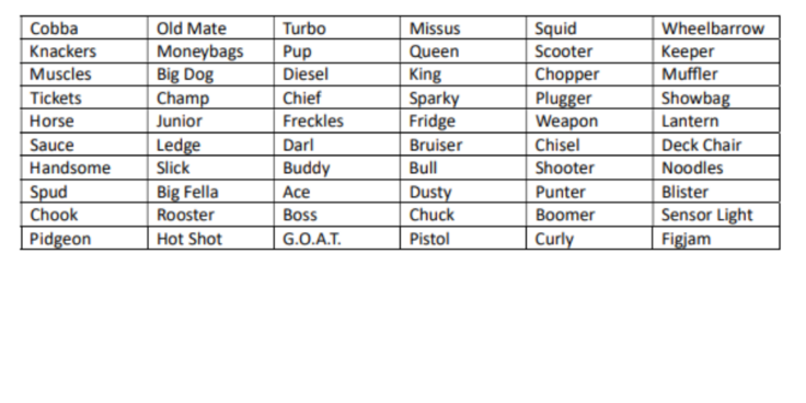 Full list of nicknames on VB stubbies