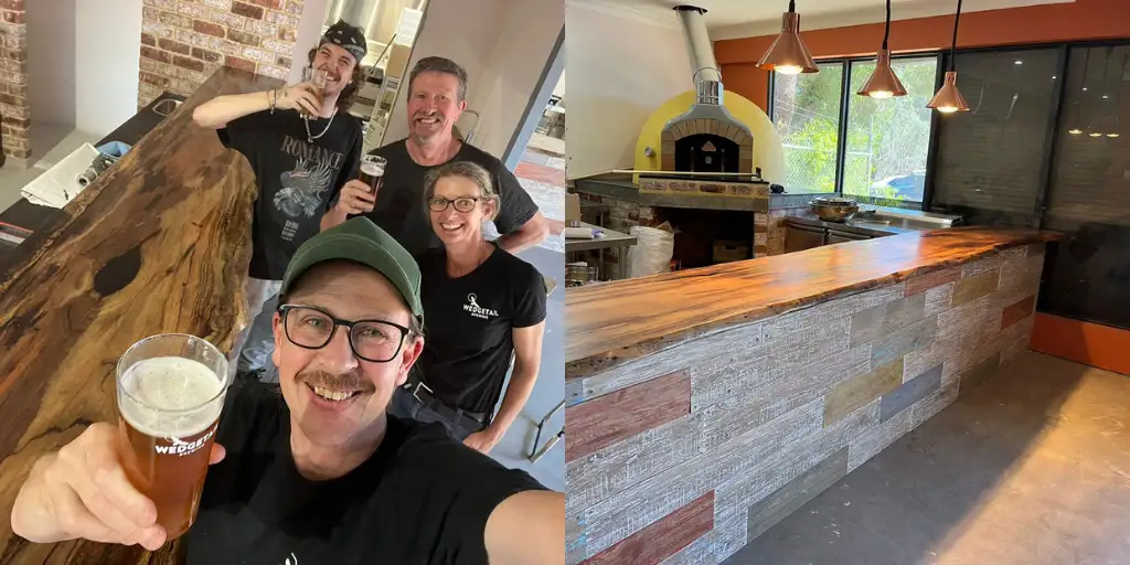 Wedgetail Brewing's team (left) and bar (right)