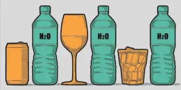 Water bottles between beer cans and wine glasses