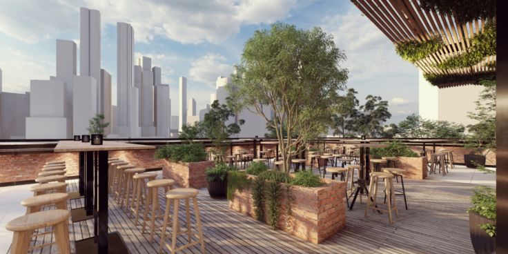 Rooftop visualisation of Brewmanity building with skyline